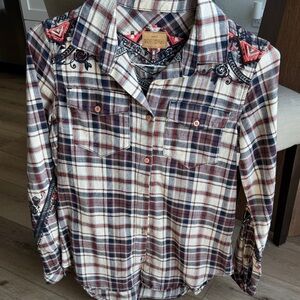 DRIFTWOOD Cream Plaid Shirt with Burgundy and Navy Embroidery